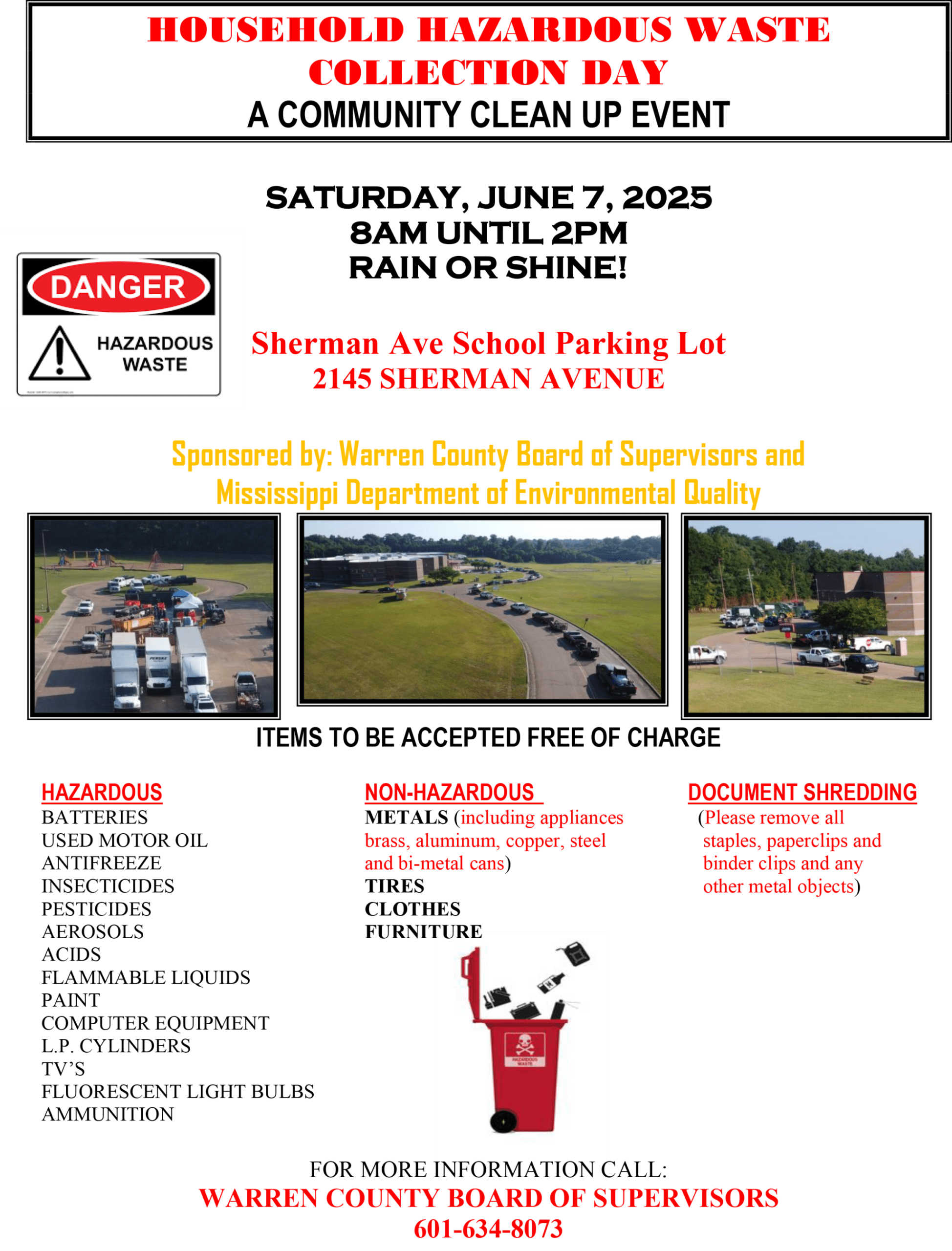 Household Hazardous Waste Collection Day, A community Clean up Event, will be held on Saturday, June 7, 2025 8am until 2pm, Rain or Shine, Sherman Ave School Parking Lot, 2145 Sherman Avenue.